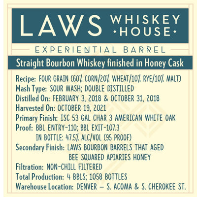 Laws Experiential Barrel Straight Bourbon Finished in Honey Cask - Main Street Liquor