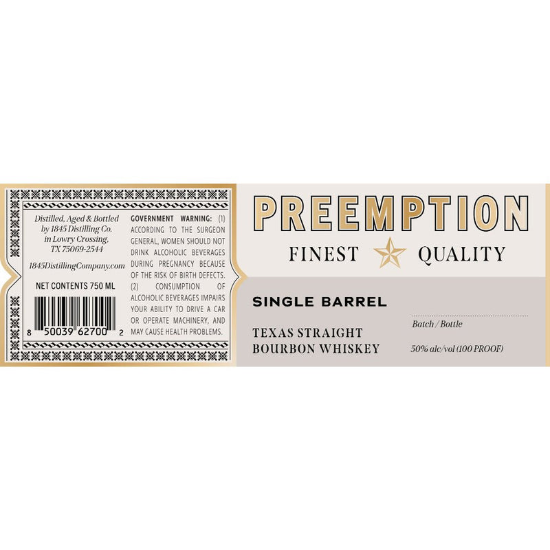 Preemption Single Barrel Texas Straight Bourbon - Main Street Liquor